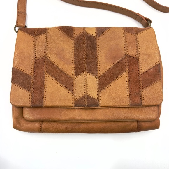 Lucky Brand Axil Leather Crossbody Purse Patchwork Bag Cognac Brown Boho Indie - Picture 4 of 14
